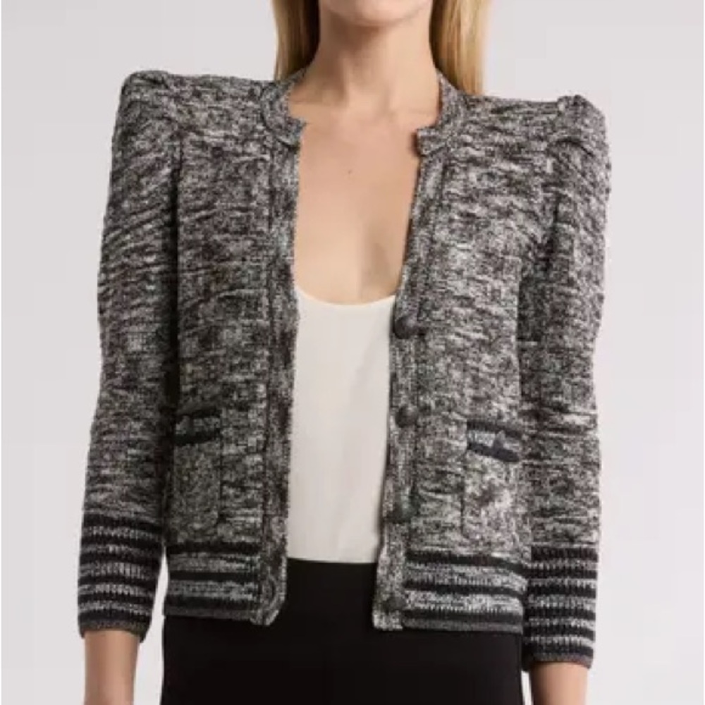 L’AGENCE Jenni Puff Shoulder Waffle Stitch Cardigan Women’s Sz L Crested Buttons